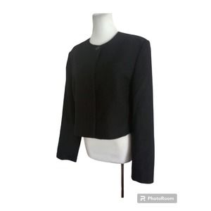 Pendleton Black Cropped Virgin Wool Round Neck Blazer Hidden Buttons Size 14